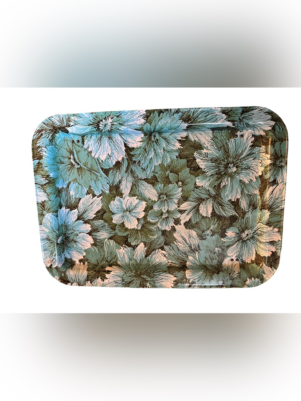 Vintage 1960s MCM Green and Blue metal Floral  TV Tray/Folding Tray